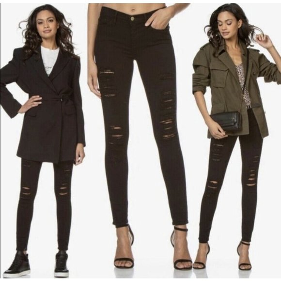 FRAME Denim - FRAME DENIM Le Skinny De Jeanne Black Distressed